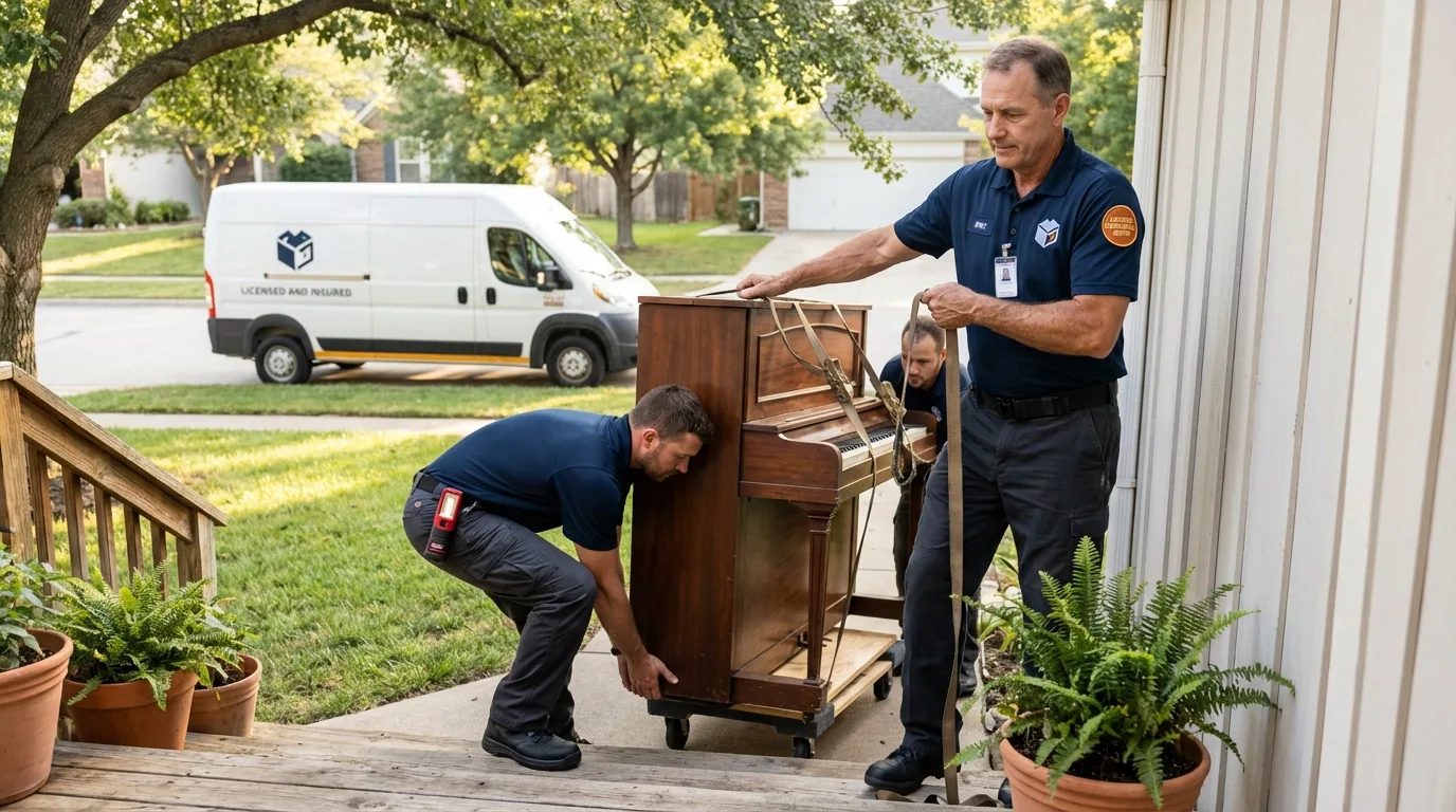 Licensed piano movers securing grand piano in Northbrook, IL